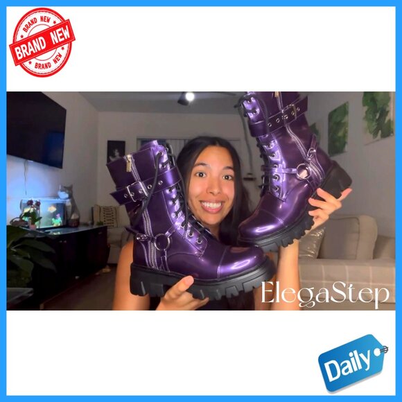 Women's Motorcycle Biker Boots Mid-Calf Combat Steampunk Chunky Heel Lug Sole - Picture 7 of 7